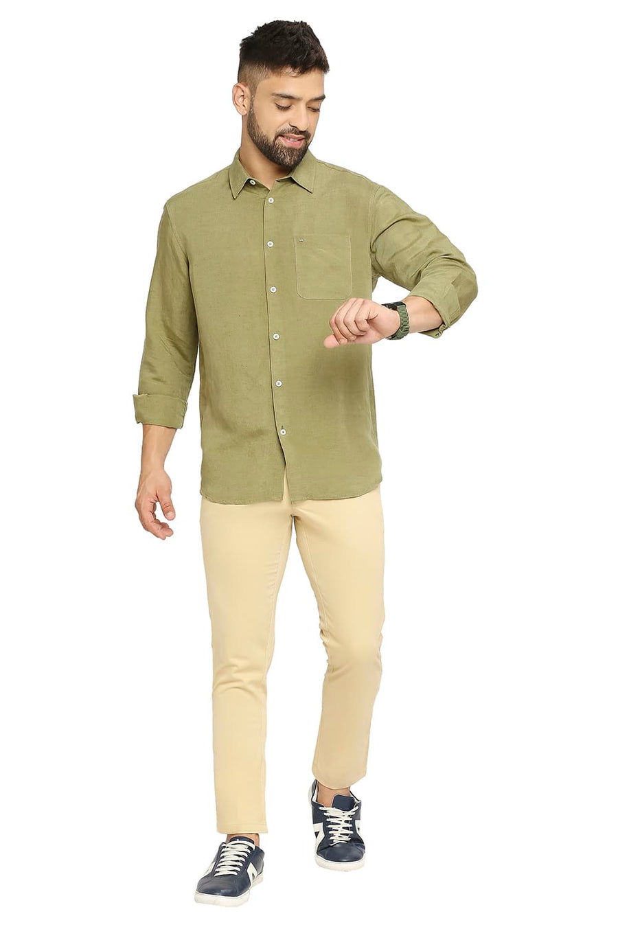 BASICS SLIM FIT DILL OLIVE LINEN VISCOSE SHIRT