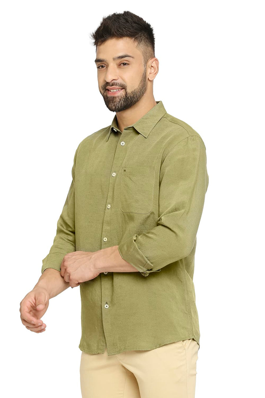 BASICS SLIM FIT DILL OLIVE LINEN VISCOSE SHIRT