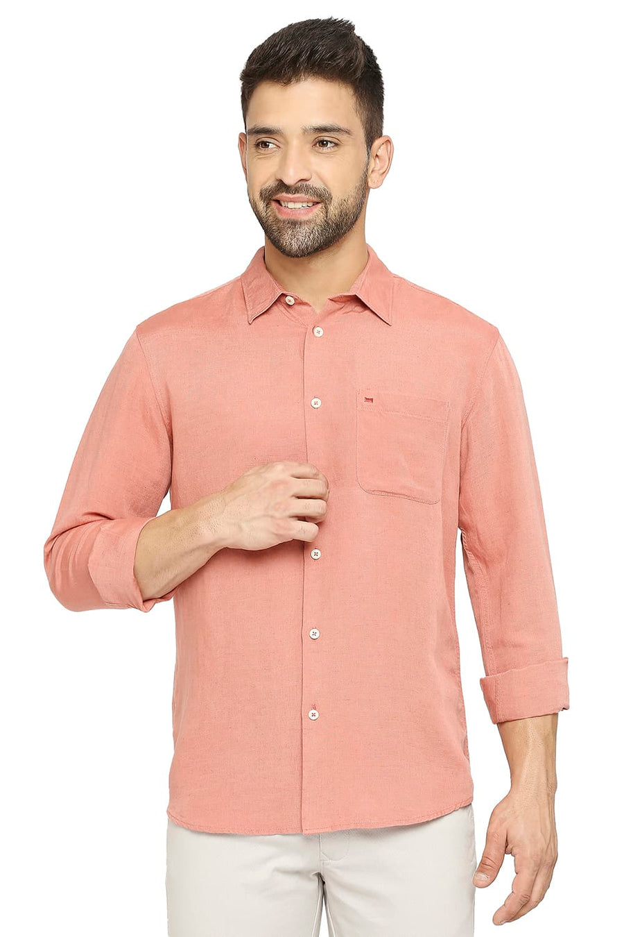 BASICS SLIM FIT ROSETTE PEACH LINEN VISCOSE SHIRT