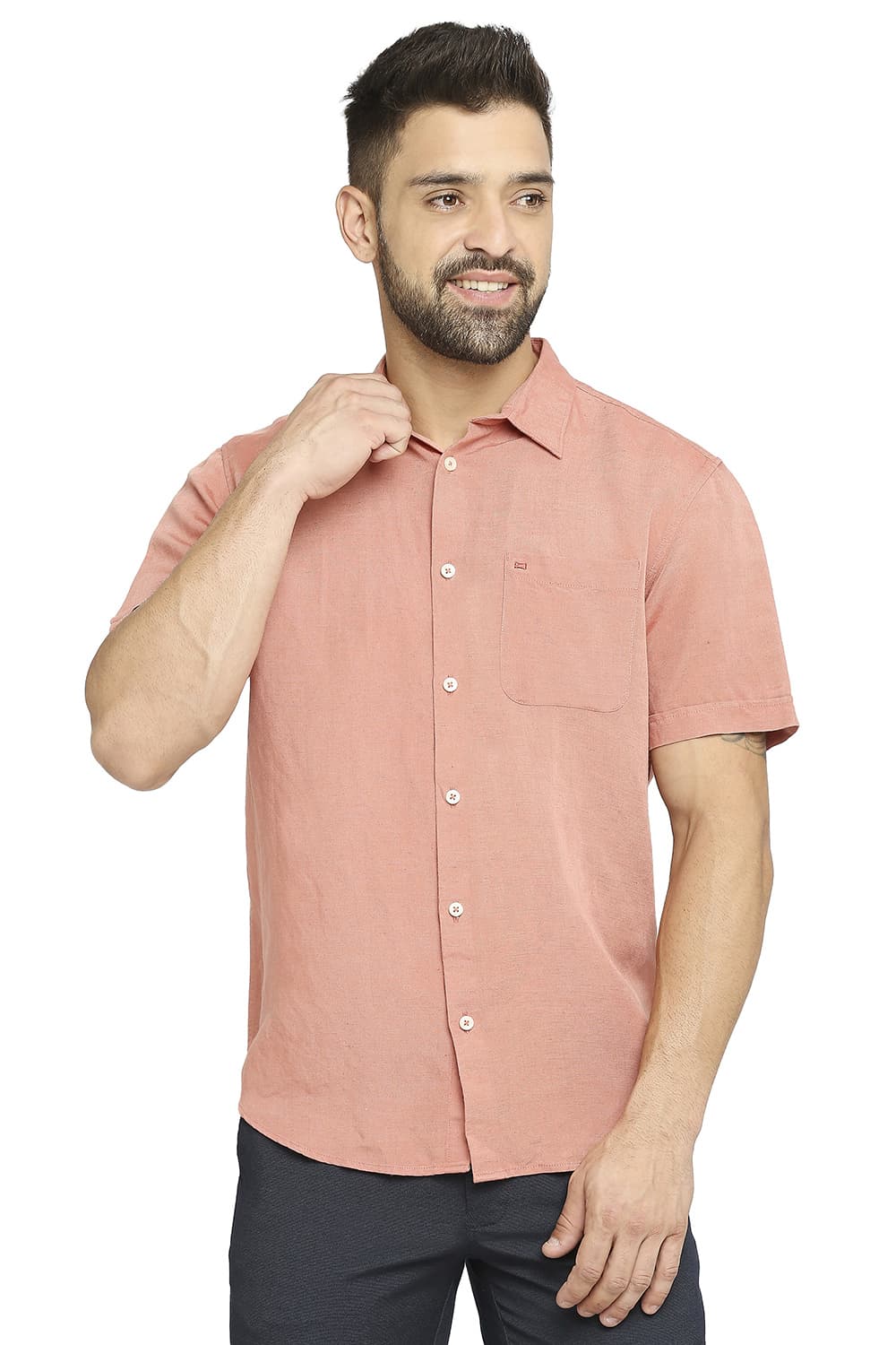 BASICS SLIM FIT LINEN VISCOSE HALFSLEEVES SHIRT