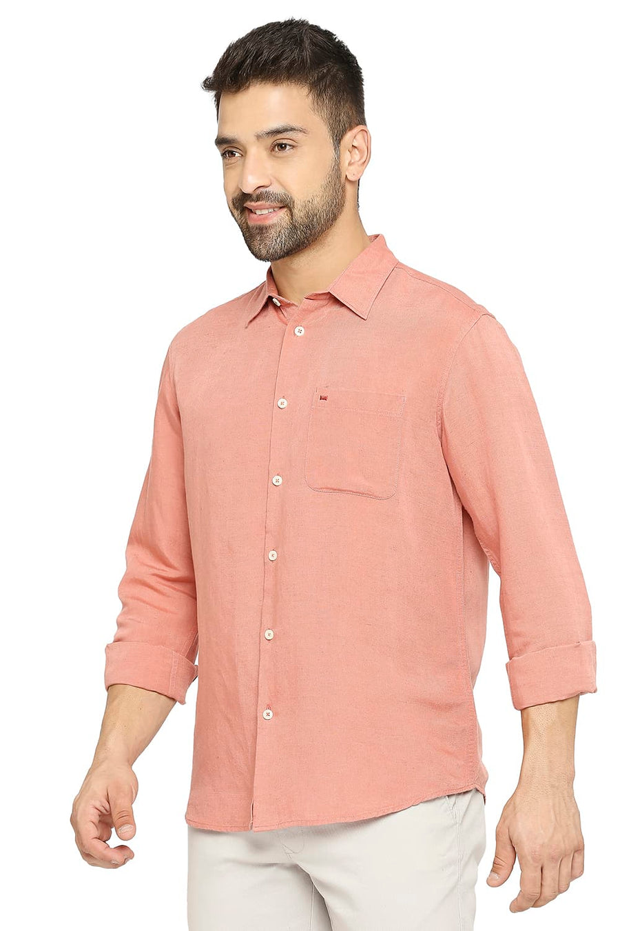 BASICS SLIM FIT ROSETTE PEACH LINEN VISCOSE SHIRT