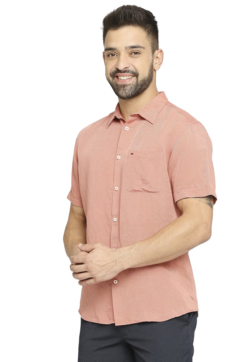 BASICS SLIM FIT LINEN VISCOSE HALFSLEEVES SHIRT