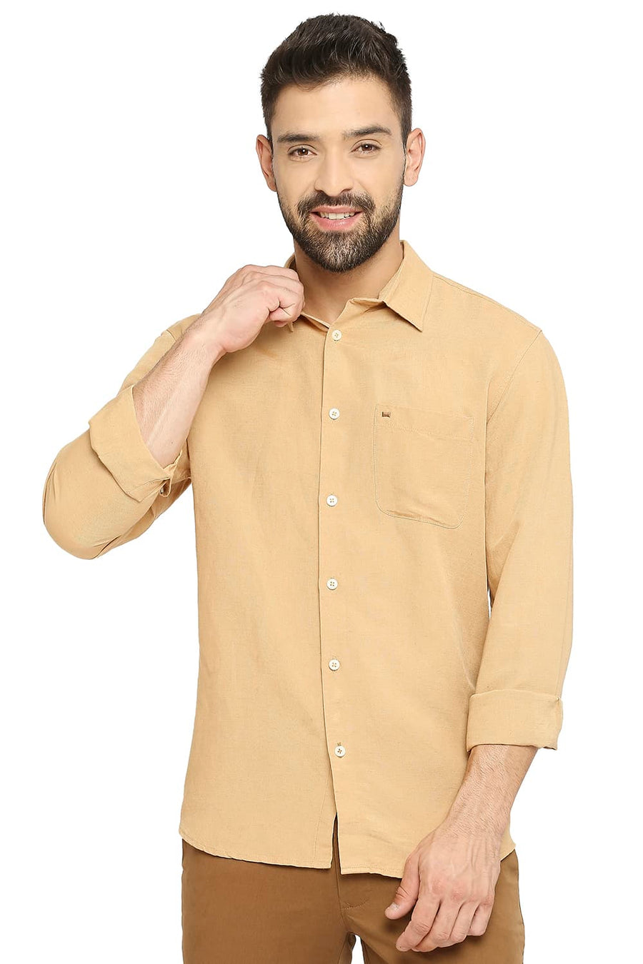 BASICS SLIM FIT LATTE BROWN LINEN VISCOSE SHIRT