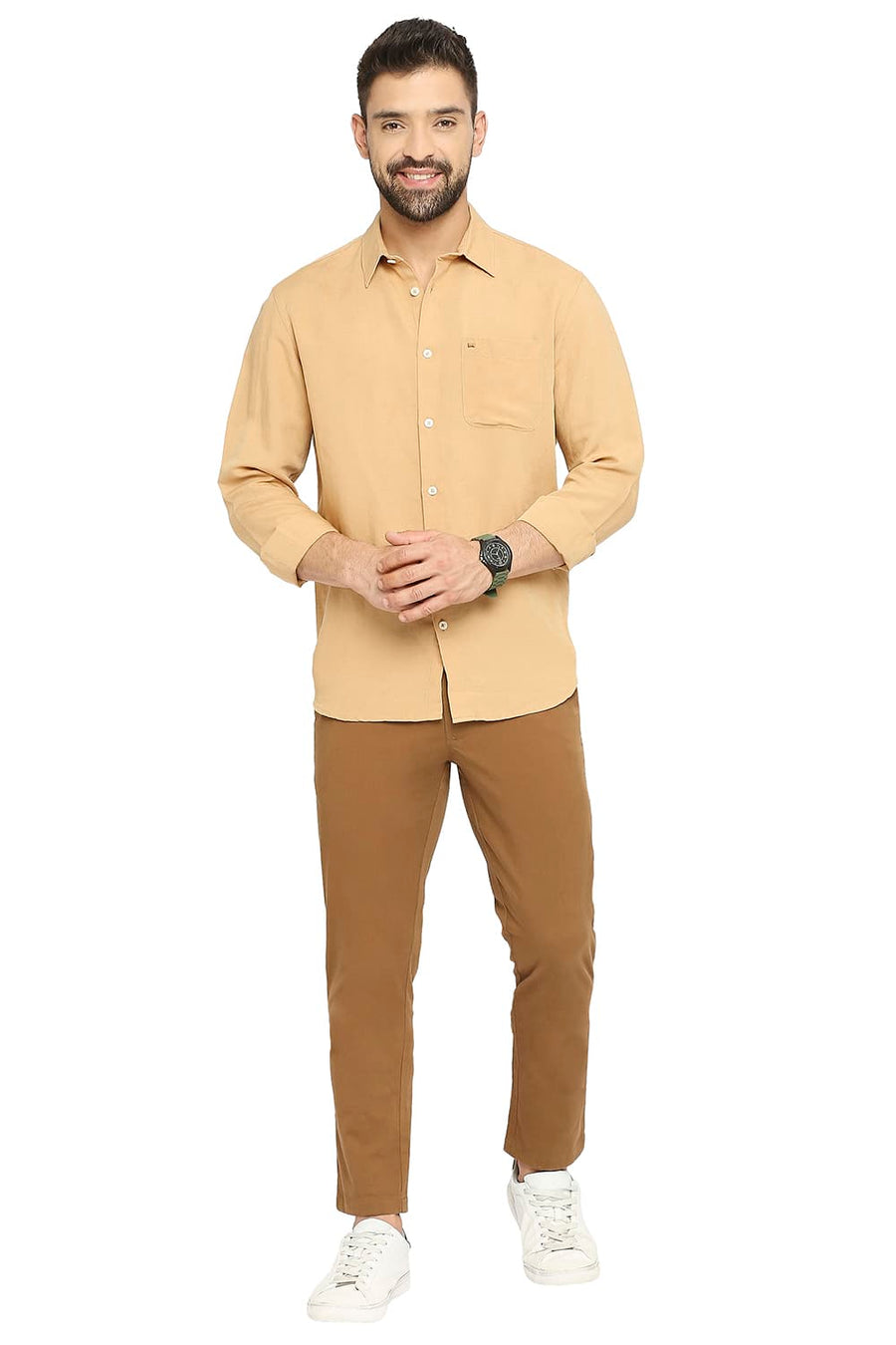 BASICS SLIM FIT LATTE BROWN LINEN VISCOSE SHIRT