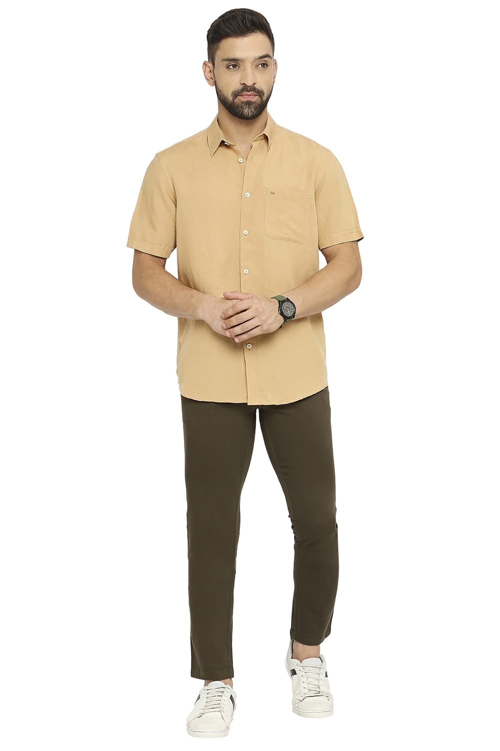 BASICS SLIM FIT LINEN VISCOSE HALFSLEEVES SHIRT