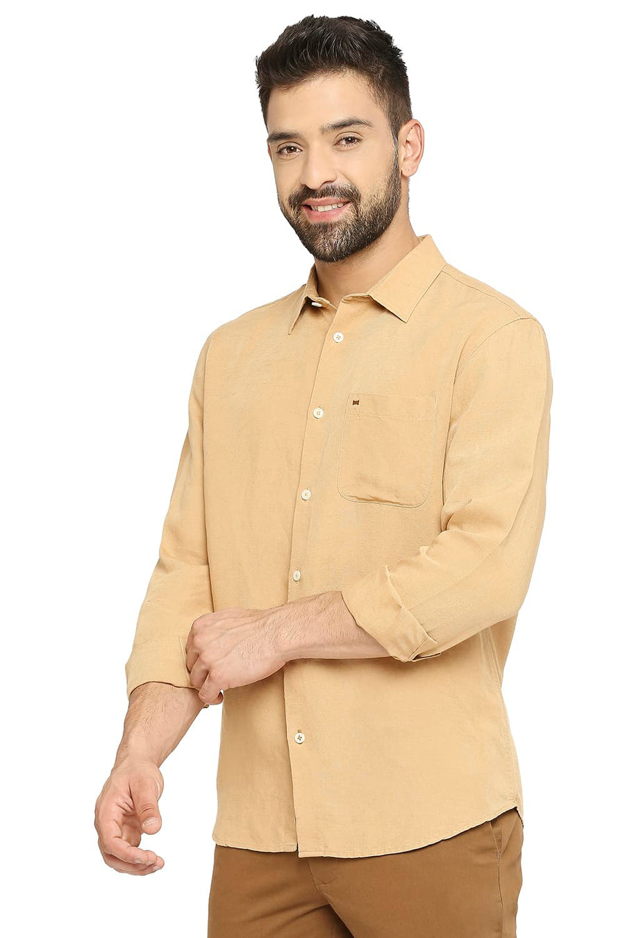 BASICS SLIM FIT LATTE BROWN LINEN VISCOSE SHIRT
