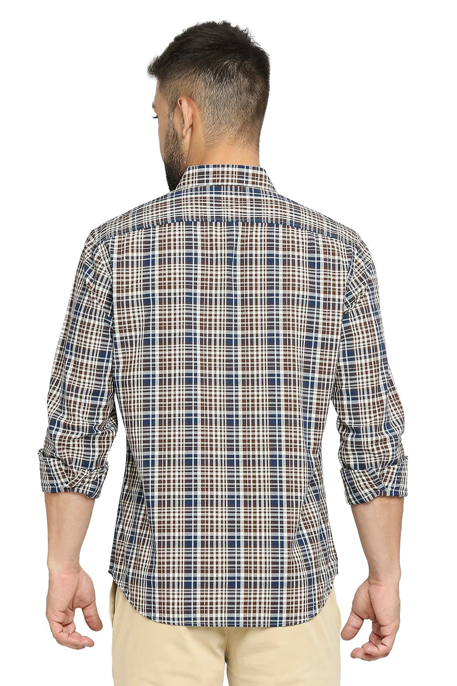 BASICS SLIM FIT PINE CONE BROWN COTTON CHECKS SHIRT