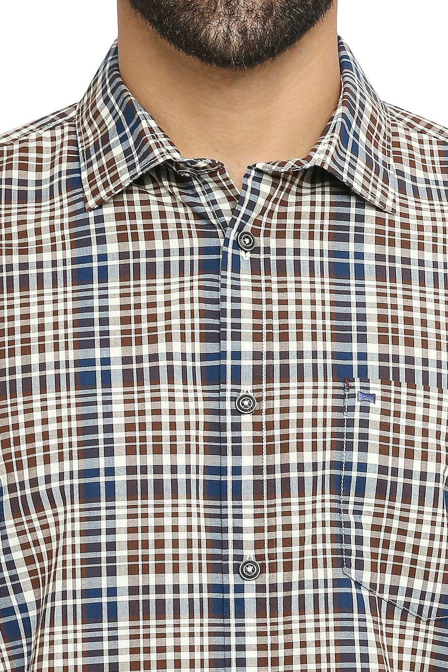 BASICS SLIM FIT PINE CONE BROWN COTTON CHECKS SHIRT