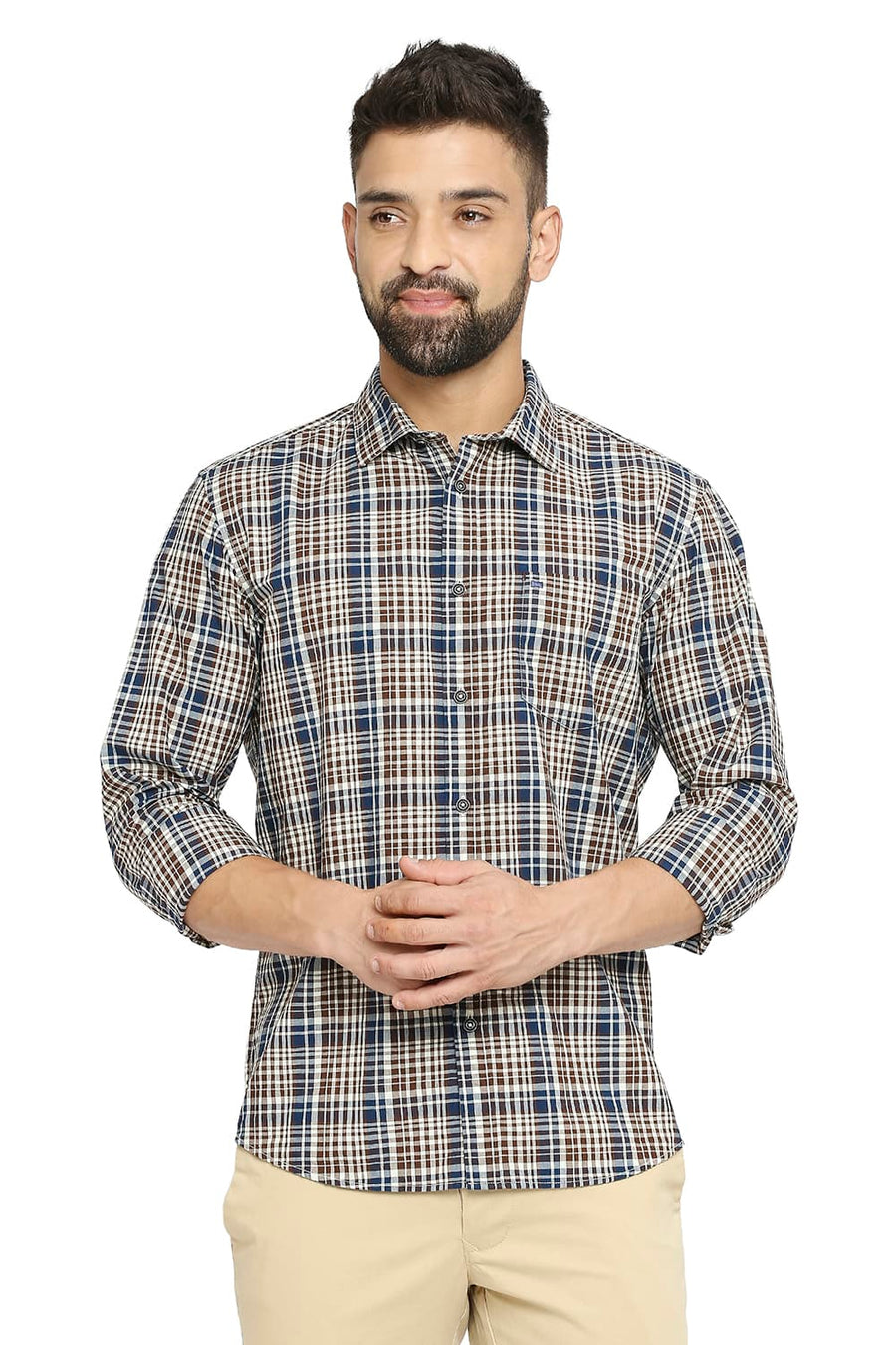 BASICS SLIM FIT PINE CONE BROWN COTTON CHECKS SHIRT