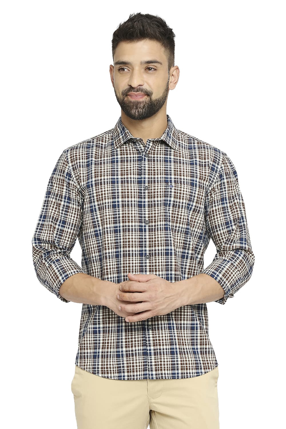 BASICS SLIM FIT COTTON CHECKS SHIRT