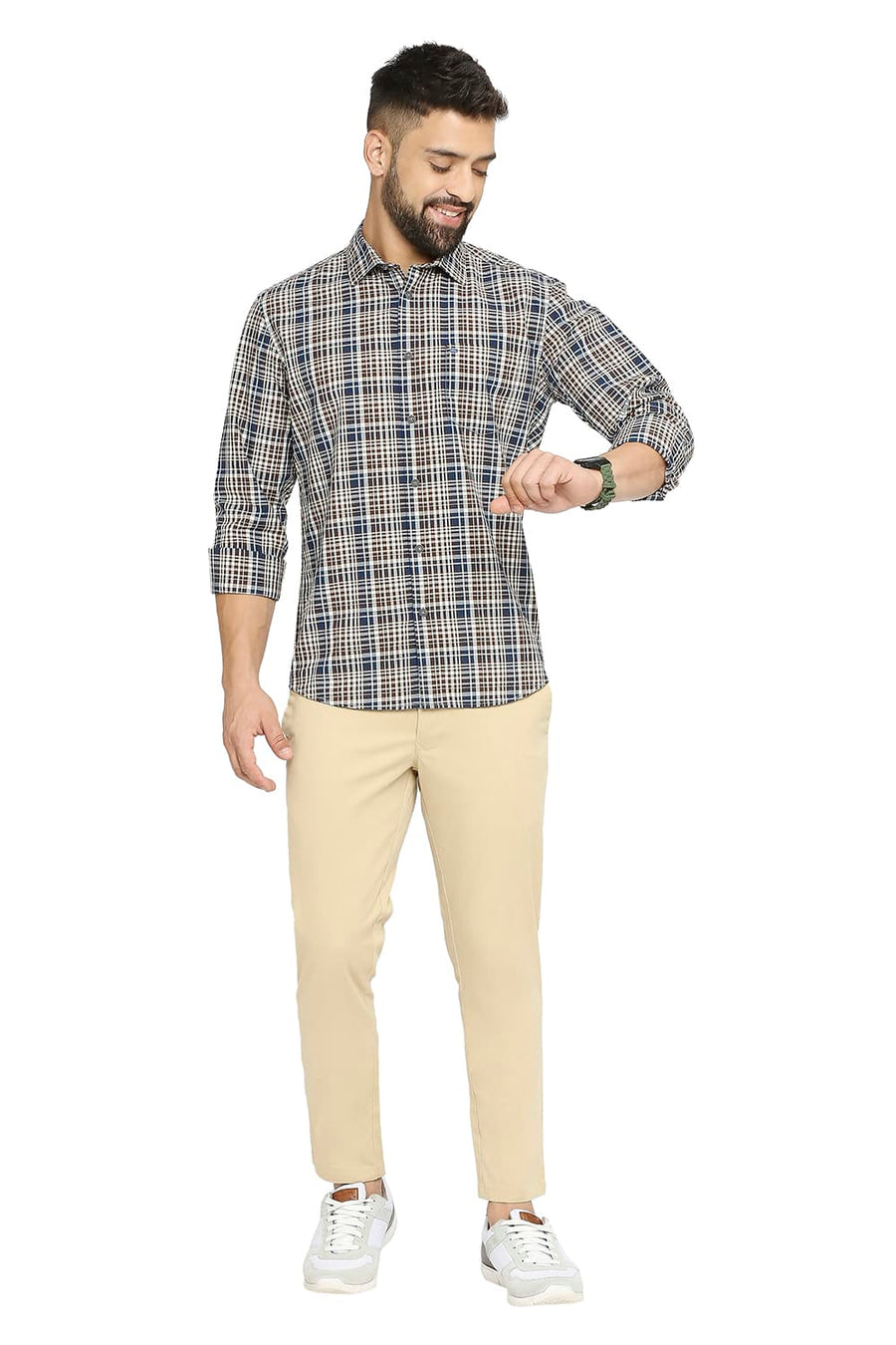 BASICS SLIM FIT PINE CONE BROWN COTTON CHECKS SHIRT