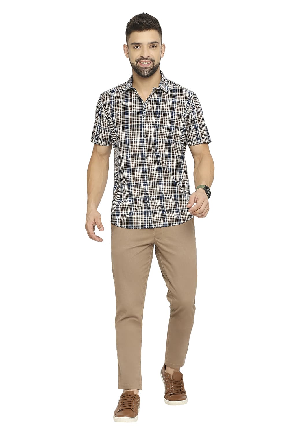 BASICS SLIM FIT COTTON CHECKS HALFSLEEVES SHIRT