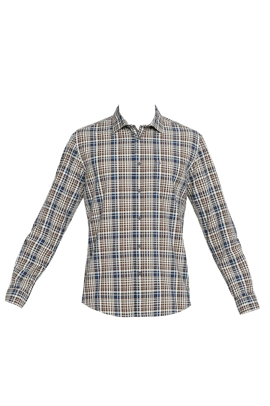BASICS SLIM FIT PINE CONE BROWN COTTON CHECKS SHIRT