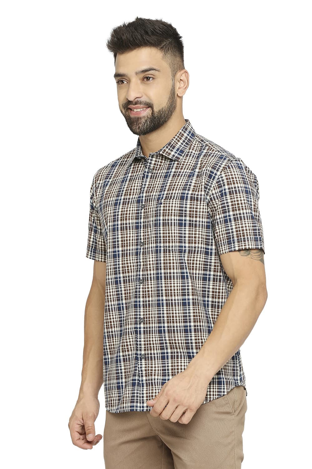 BASICS SLIM FIT COTTON CHECKS HALFSLEEVES SHIRT