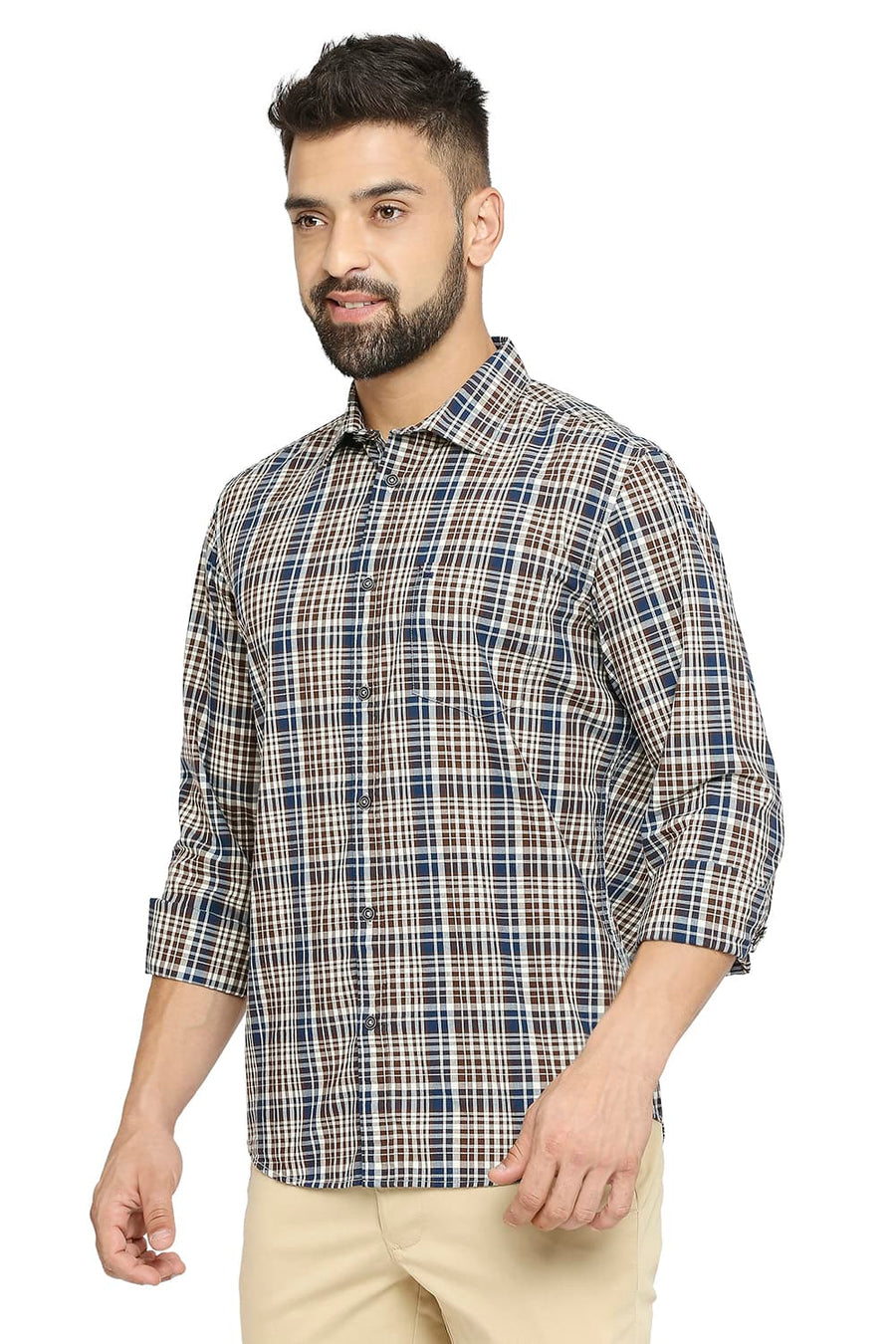 BASICS SLIM FIT PINE CONE BROWN COTTON CHECKS SHIRT