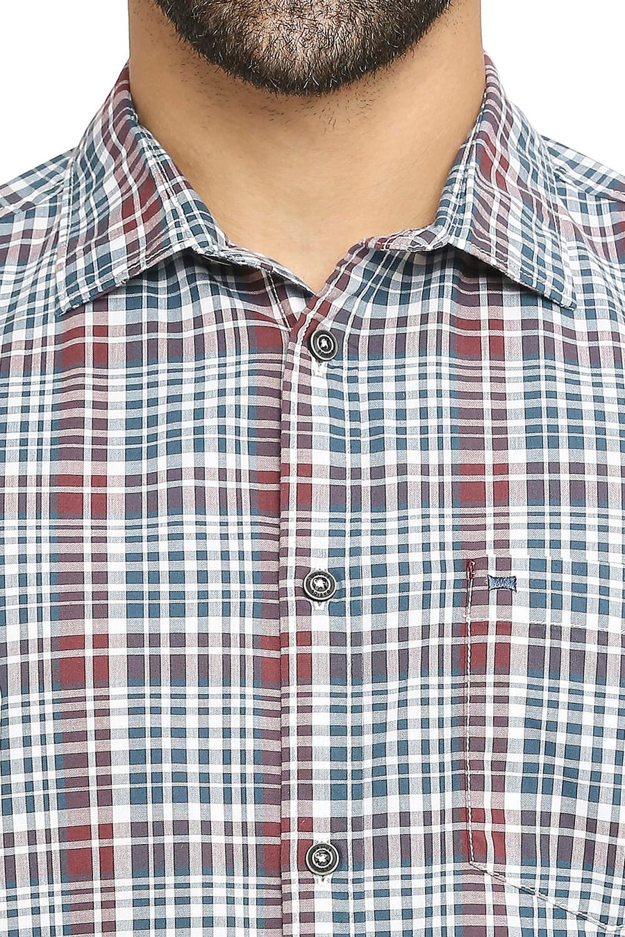 BASICS SLIM FIT PARASAILING TEAL COTTON CHECKS SHIRT