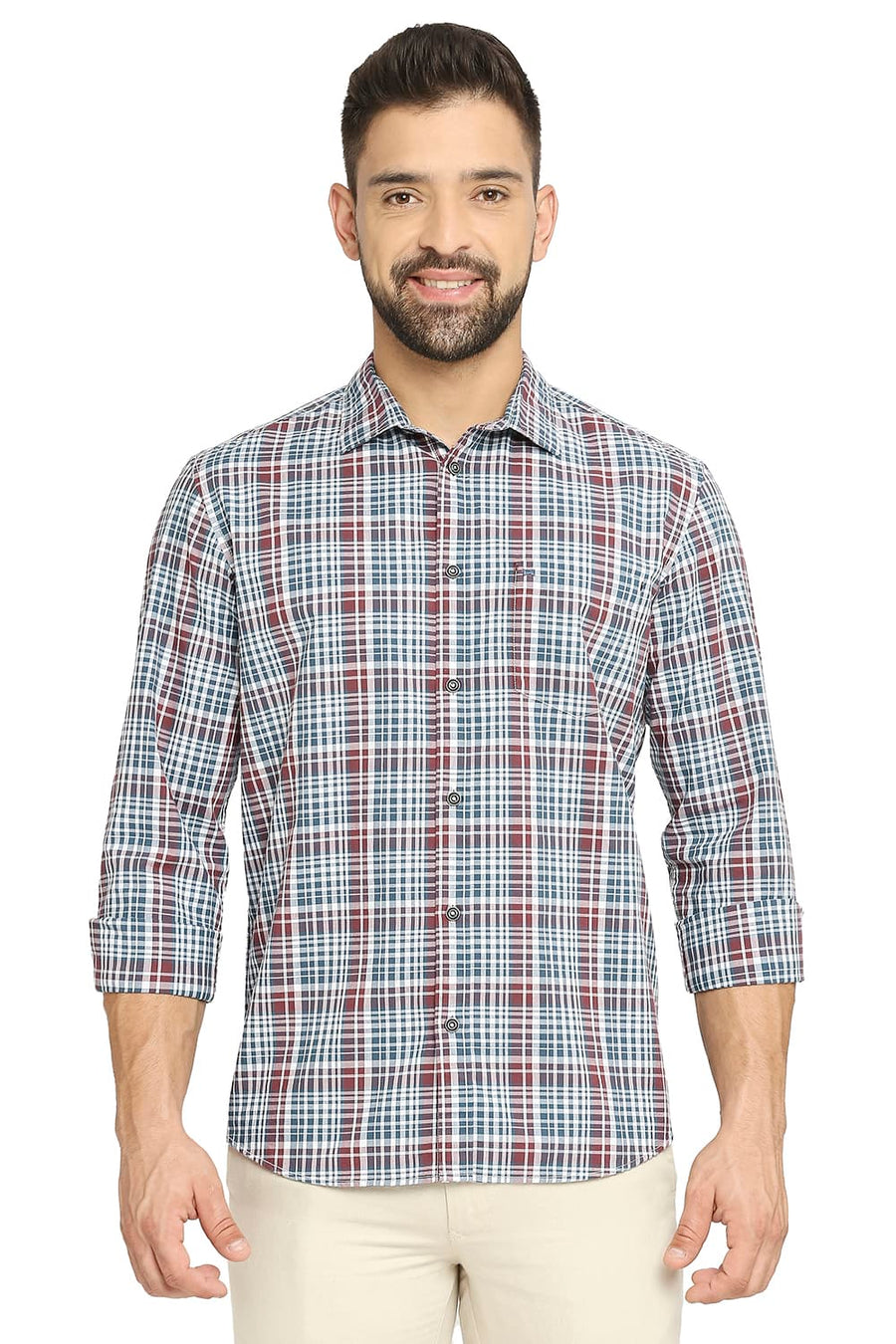 BASICS SLIM FIT PARASAILING TEAL COTTON CHECKS SHIRT