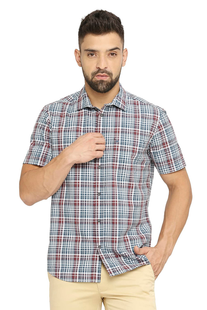 BASICS SLIM FIT COTTON CHECKS HALFSLEEVES SHIRT