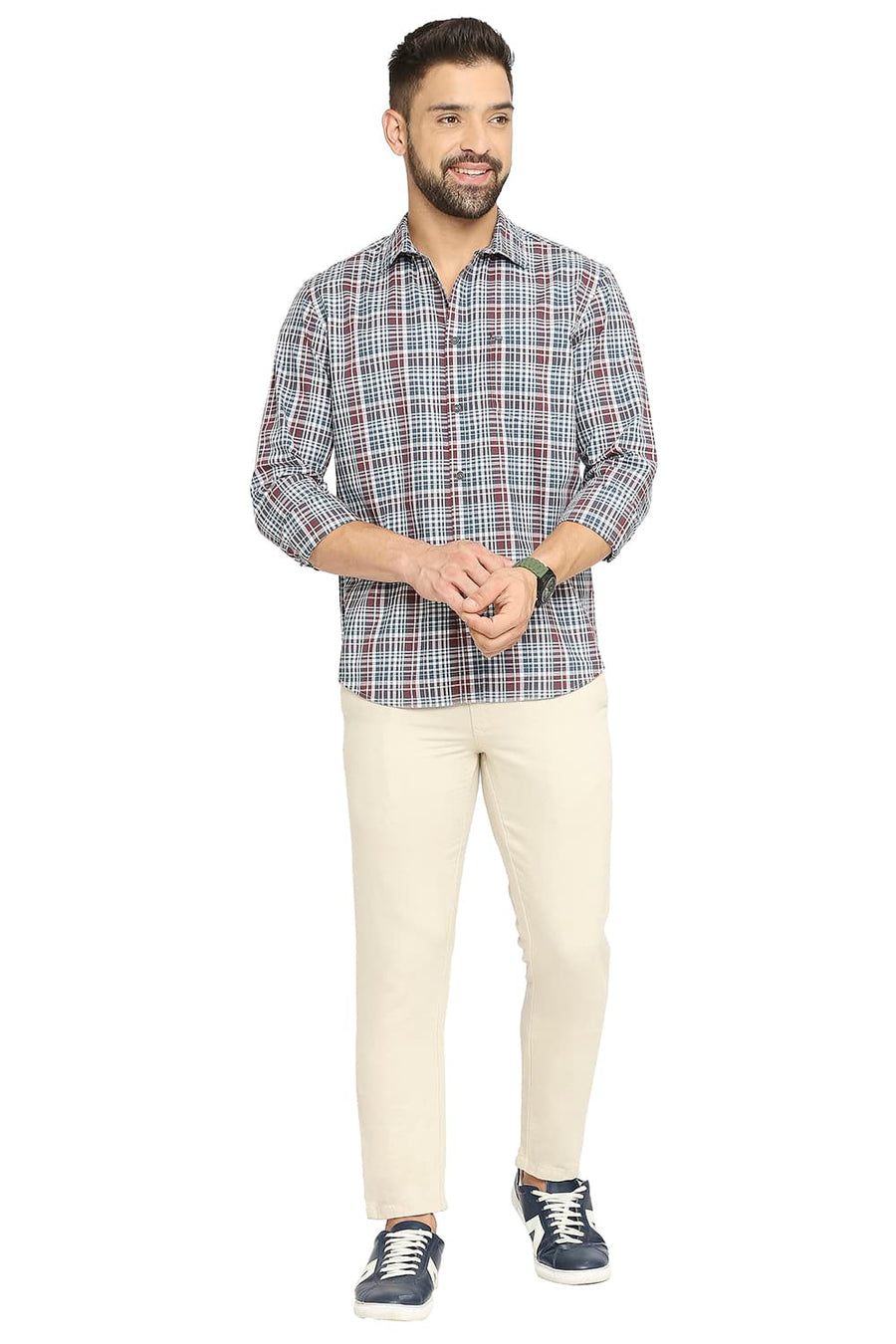 BASICS SLIM FIT PARASAILING TEAL COTTON CHECKS SHIRT