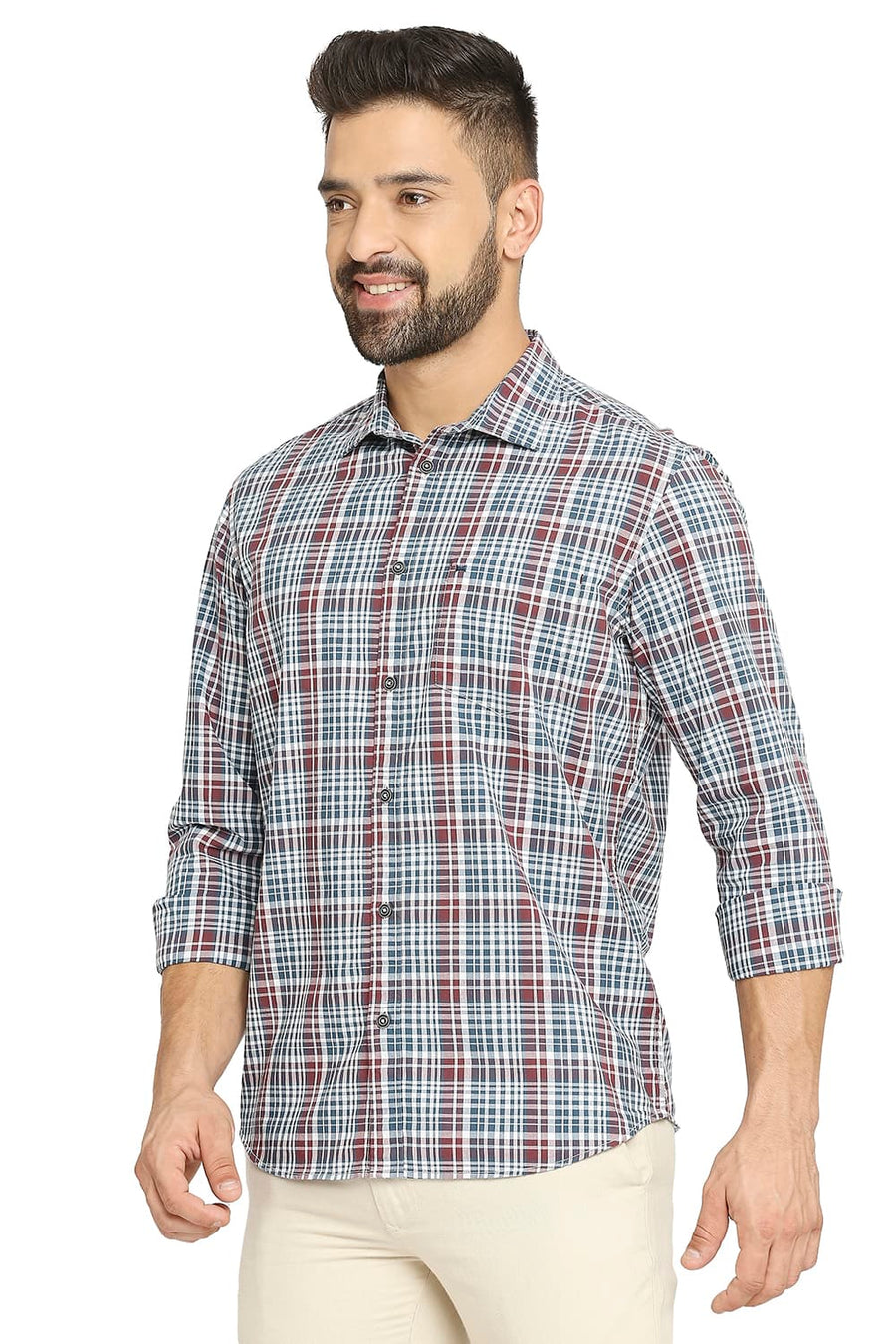 BASICS SLIM FIT PARASAILING TEAL COTTON CHECKS SHIRT
