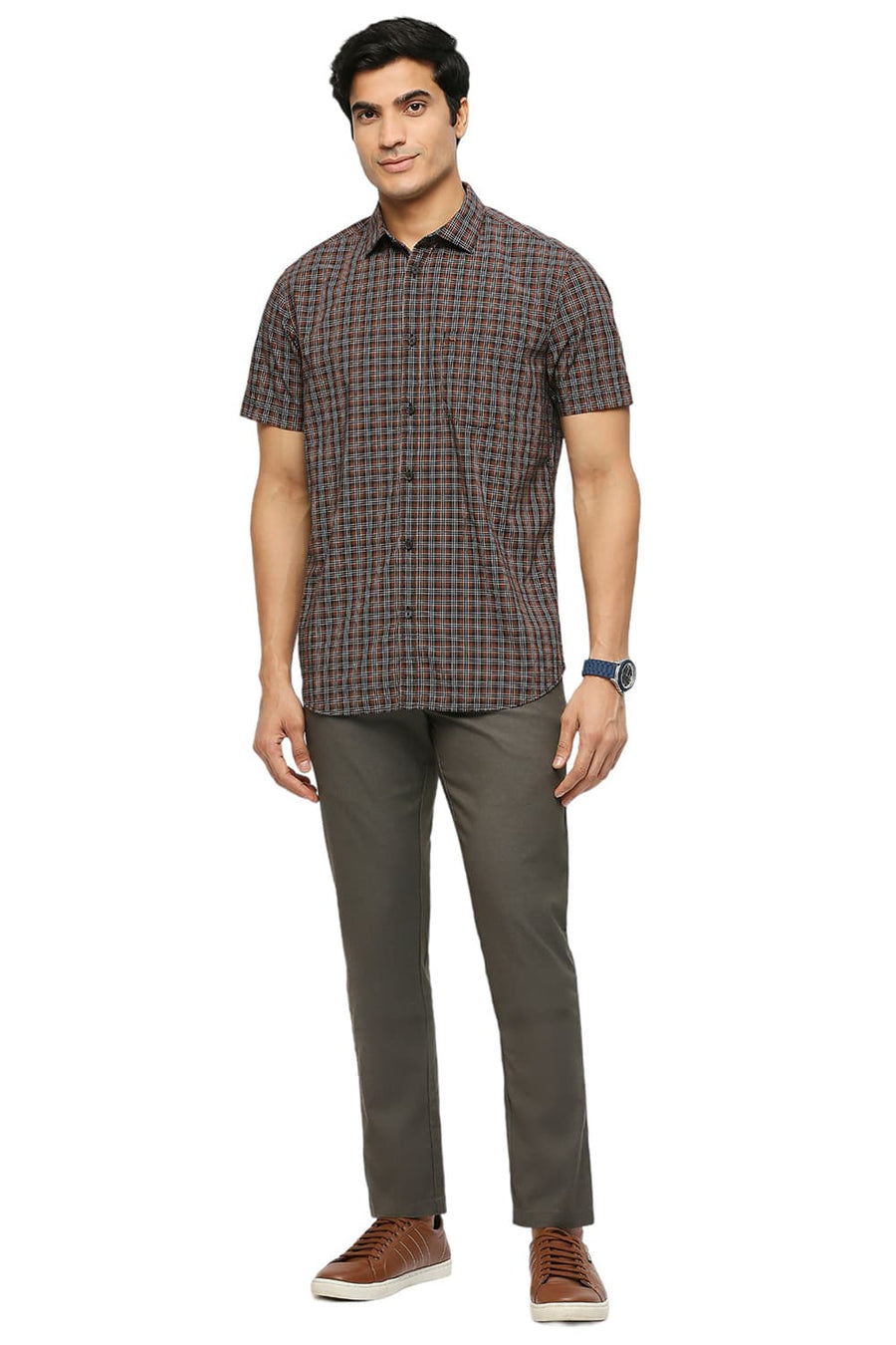 BASICS SLIM FIT ENSIGN NAVY COTTON CHECKS SHIRT