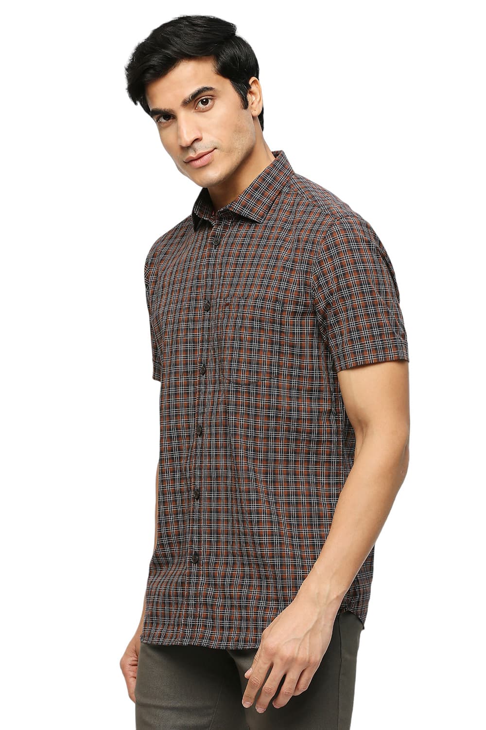 BASICS SLIM FIT COTTON CHECKS HALFSLEEVES SHIRT