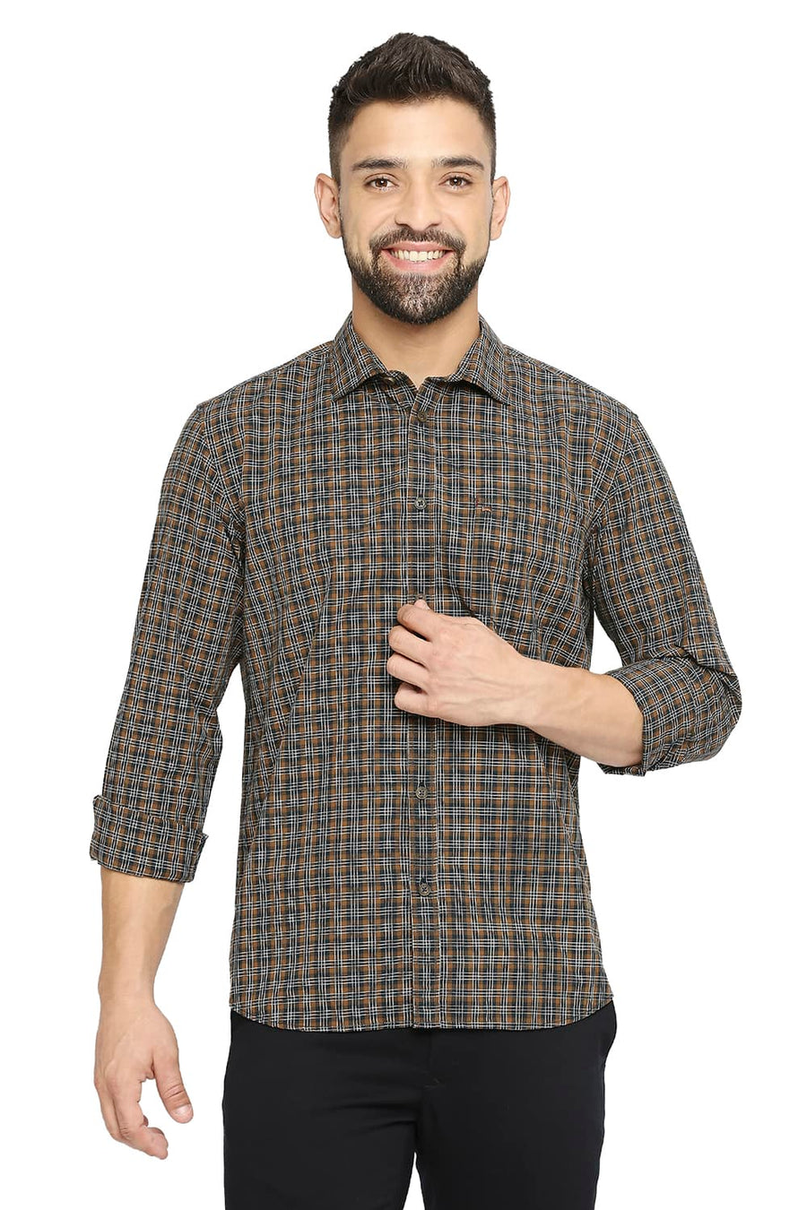 BASICS SLIM FIT INDIAN TEAL COTTON CHECKS SHIRT