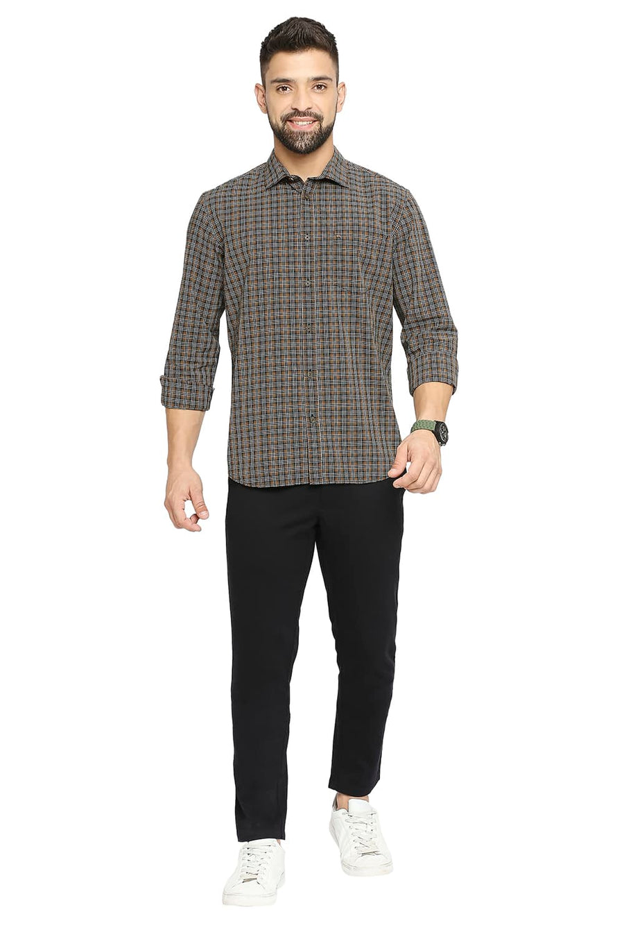 BASICS SLIM FIT INDIAN TEAL COTTON CHECKS SHIRT