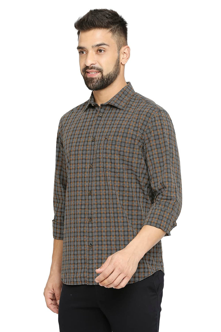 BASICS SLIM FIT INDIAN TEAL COTTON CHECKS SHIRT