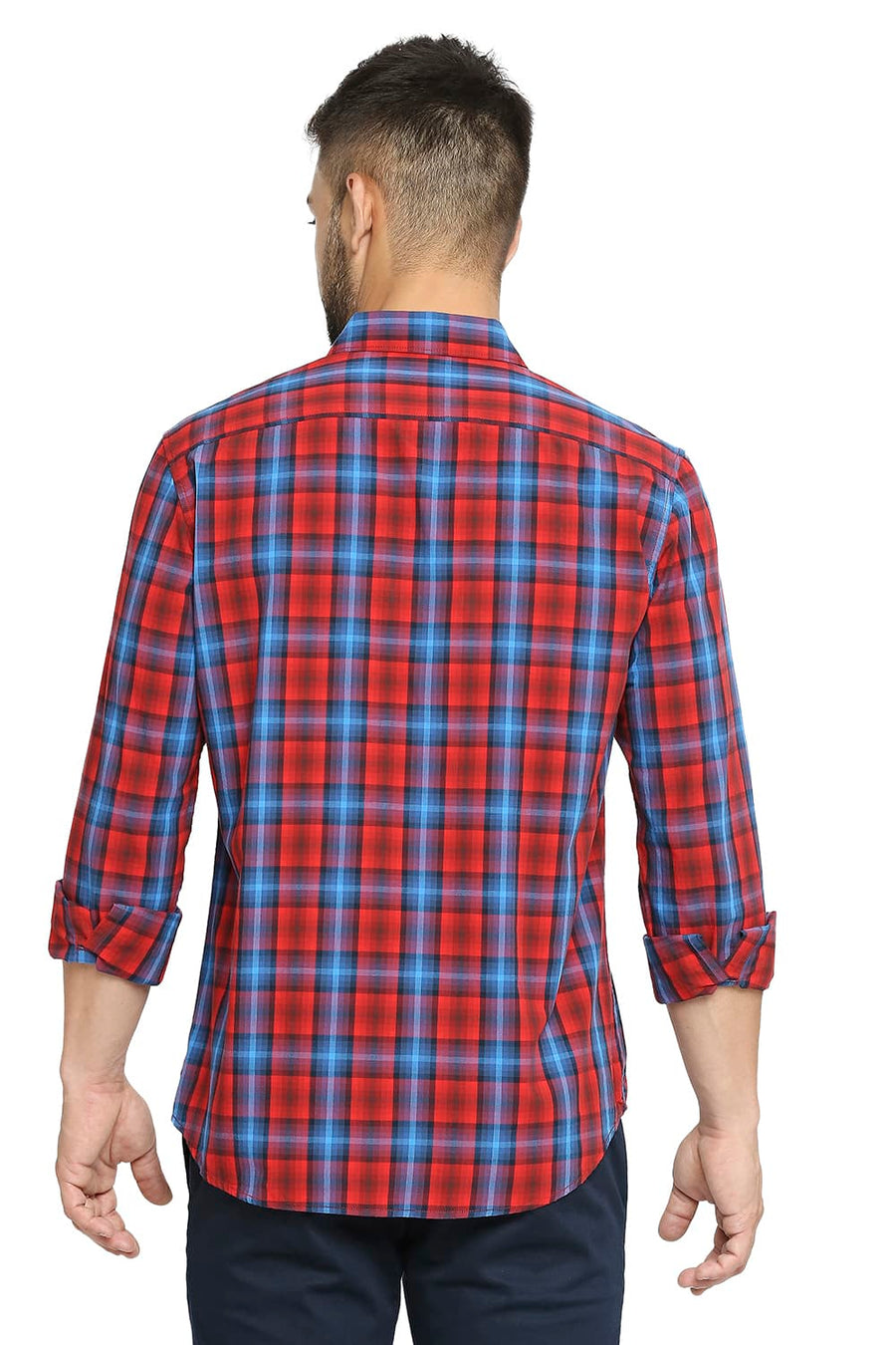 BASICS SLIM FIT CARMINE RED COTTON CHECKS SHIRT