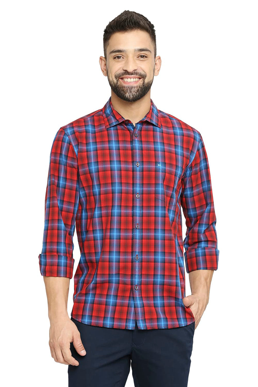 BASICS SLIM FIT CARMINE RED COTTON CHECKS SHIRT