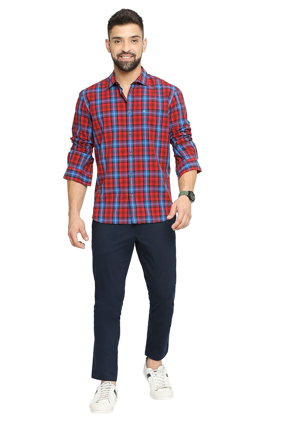 BASICS SLIM FIT CARMINE RED COTTON CHECKS SHIRT