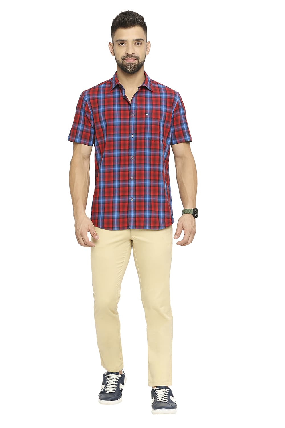 BASICS SLIM FIT COTTON CHECKS HALFSLEEVES SHIRT