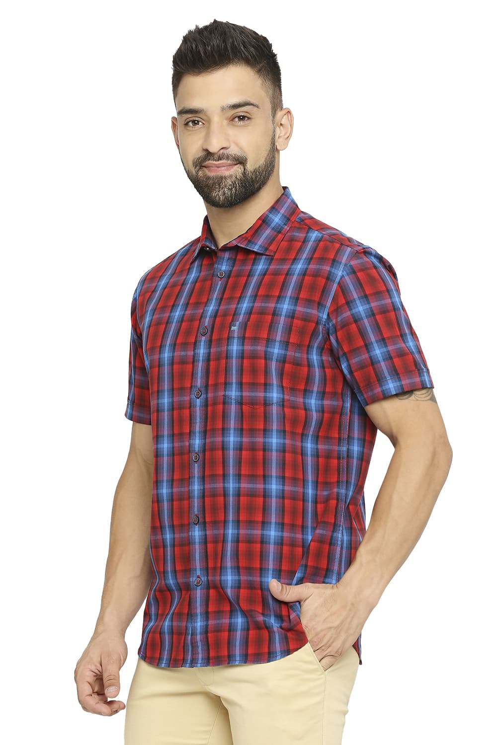 BASICS SLIM FIT COTTON CHECKS HALFSLEEVES SHIRT