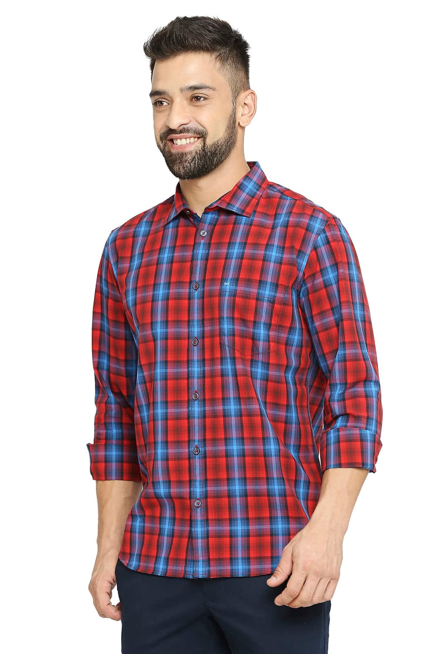 BASICS SLIM FIT CARMINE RED COTTON CHECKS SHIRT