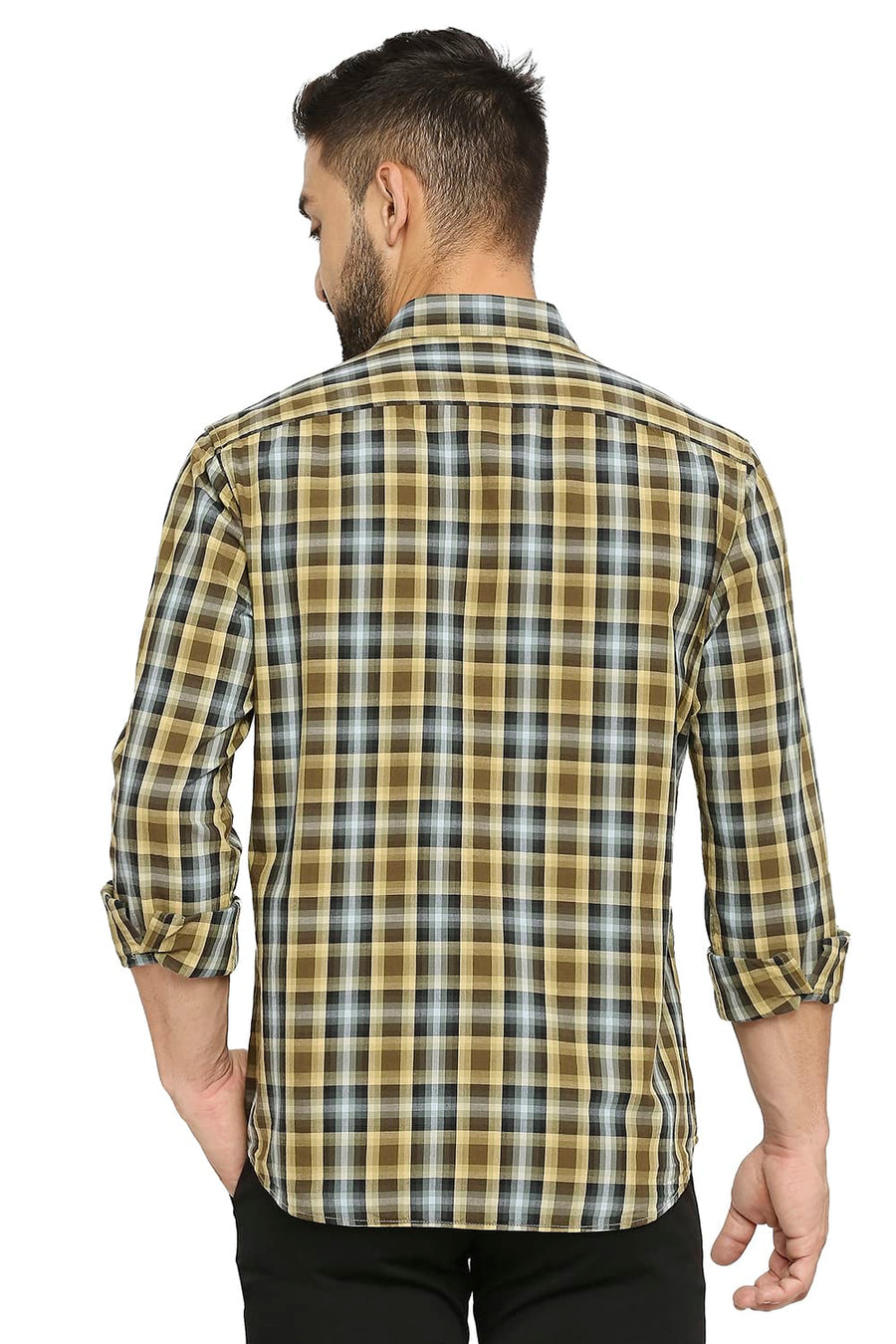 BASICS SLIM FIT HONEY YELLOW COTTON CHECKS SHIRT