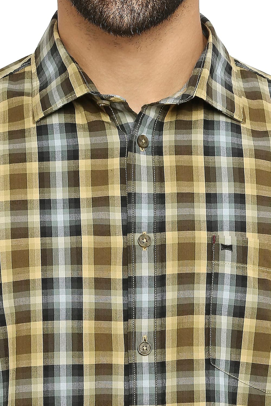 BASICS SLIM FIT HONEY YELLOW COTTON CHECKS SHIRT