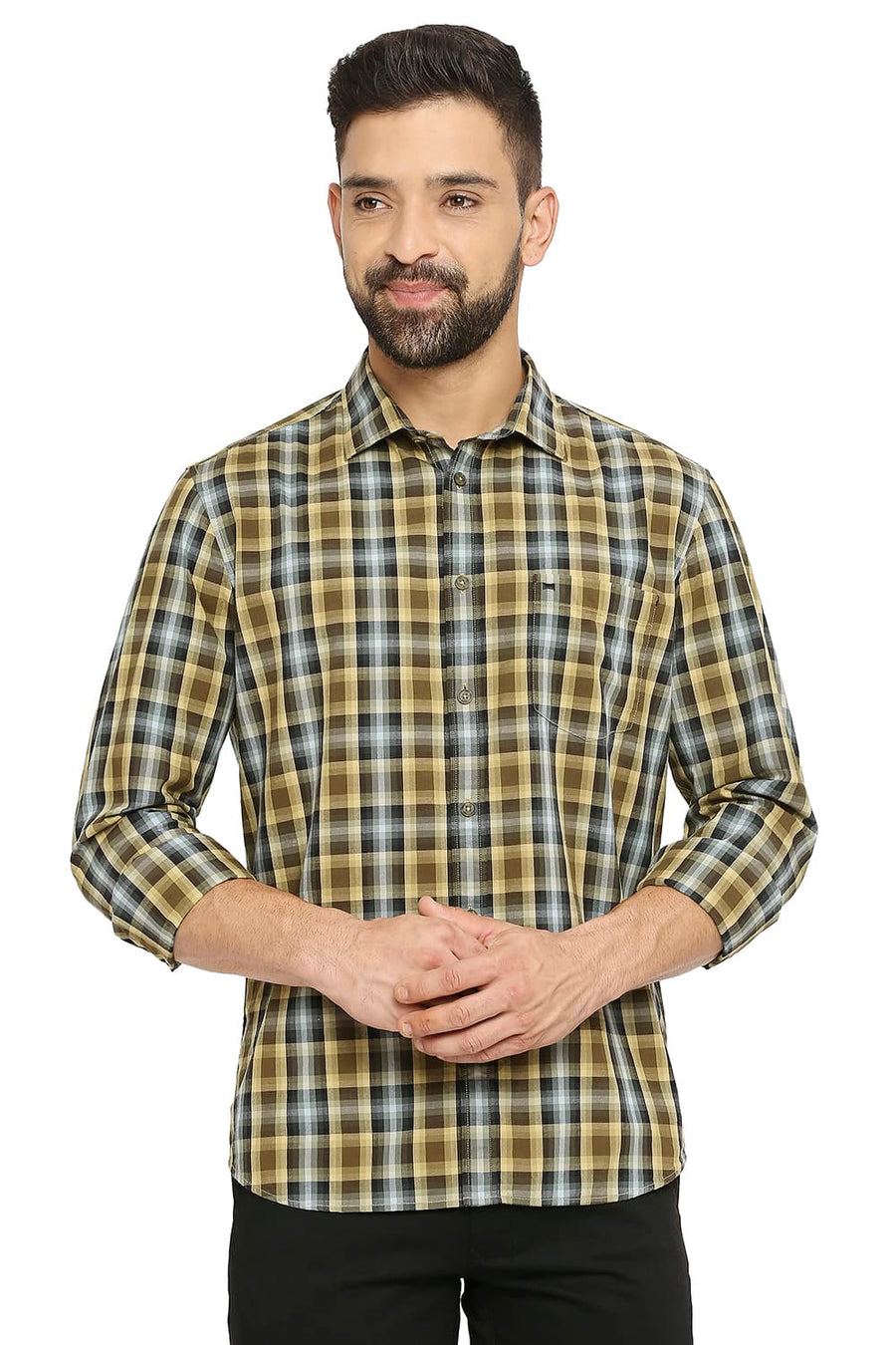 BASICS SLIM FIT HONEY YELLOW COTTON CHECKS SHIRT