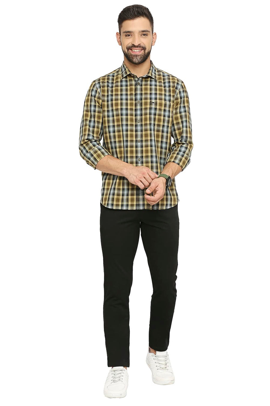 BASICS SLIM FIT HONEY YELLOW COTTON CHECKS SHIRT