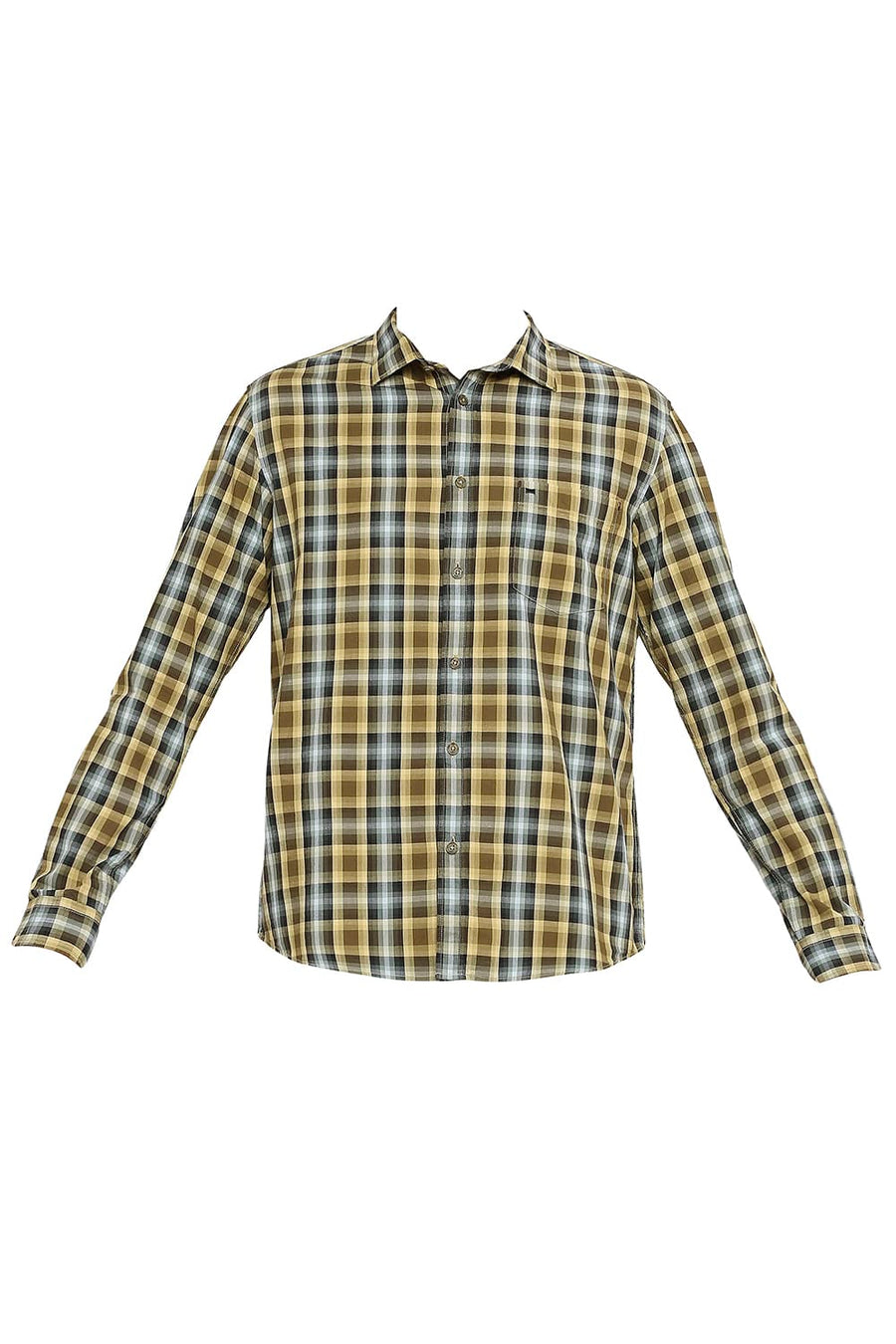 BASICS SLIM FIT HONEY YELLOW COTTON CHECKS SHIRT