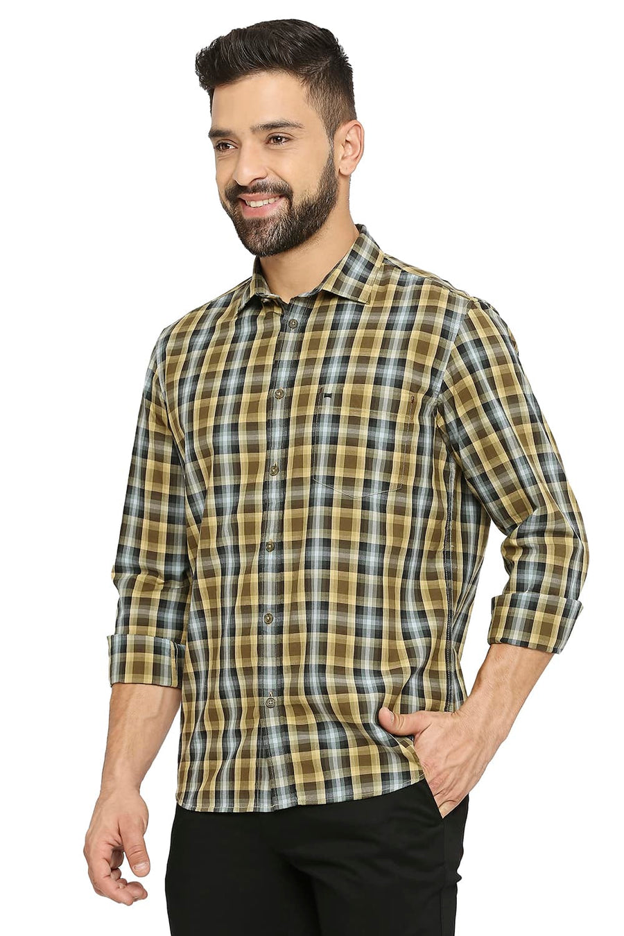 BASICS SLIM FIT HONEY YELLOW COTTON CHECKS SHIRT