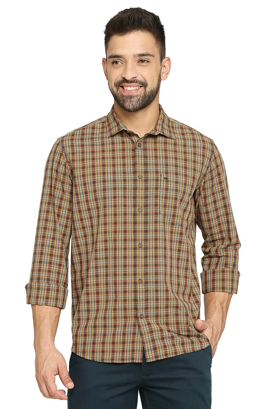 BASICS SLIM FIT HEDGE GREEN COTTON CHECKS SHIRT