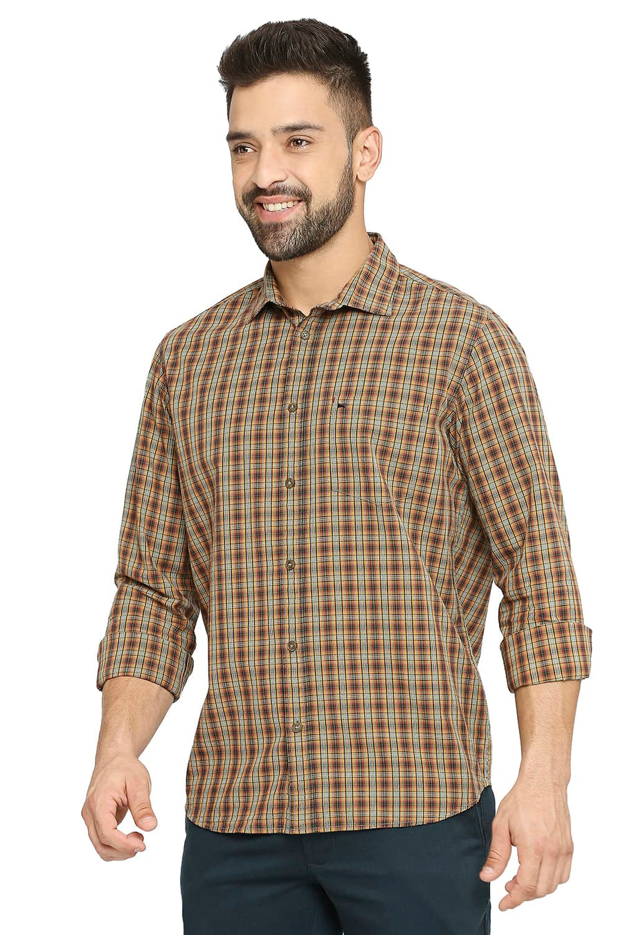 BASICS SLIM FIT HEDGE GREEN COTTON CHECKS SHIRT