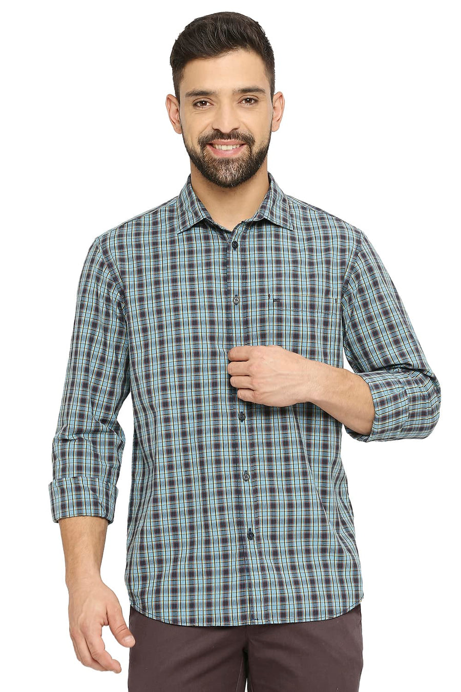 BASICS SLIM FIT HERITAGE BLUE COTTON CHECKS SHIRT