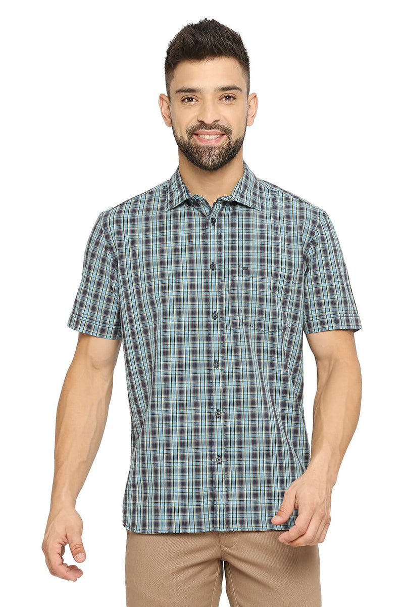 BASICS SLIM FIT COTTON CHECKS HALFSLEEVES SHIRT