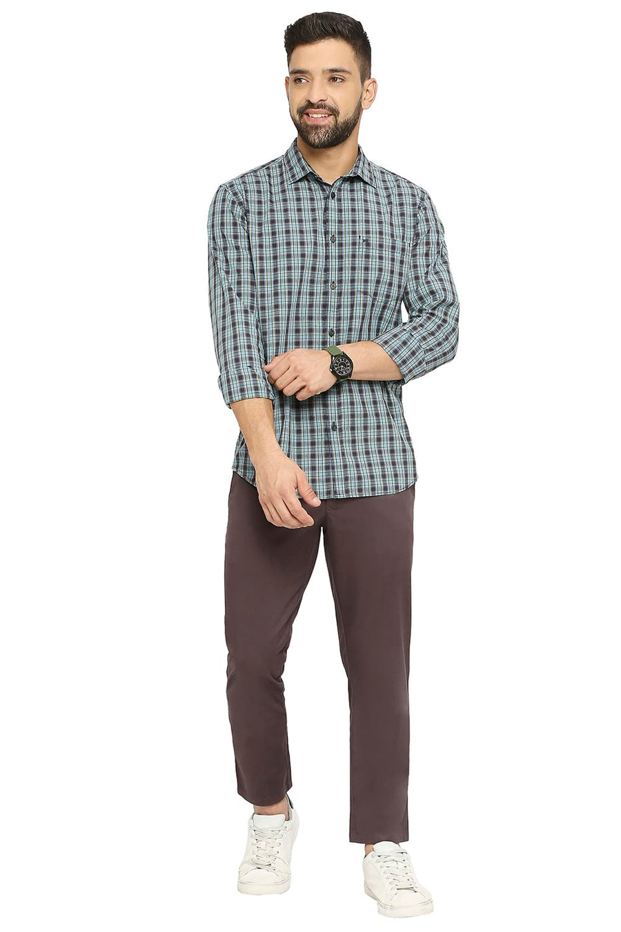BASICS SLIM FIT HERITAGE BLUE COTTON CHECKS SHIRT