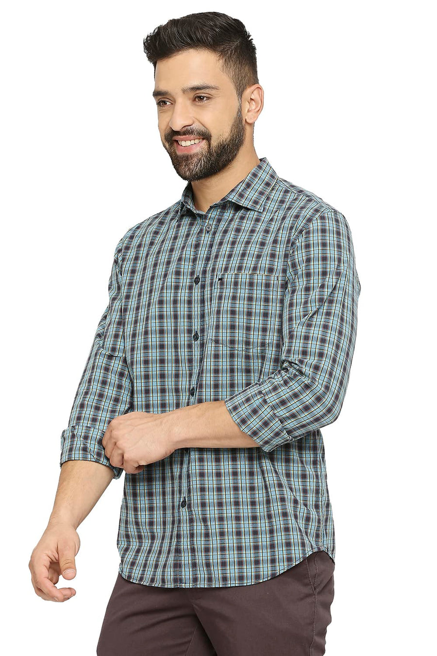 BASICS SLIM FIT HERITAGE BLUE COTTON CHECKS SHIRT