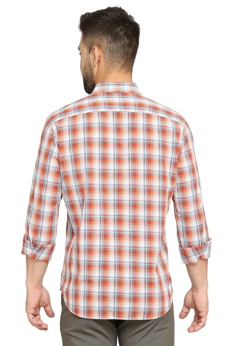 BASICS SLIM FIT PAPRIKA ORANGE COTTON CHECKS SHIRT