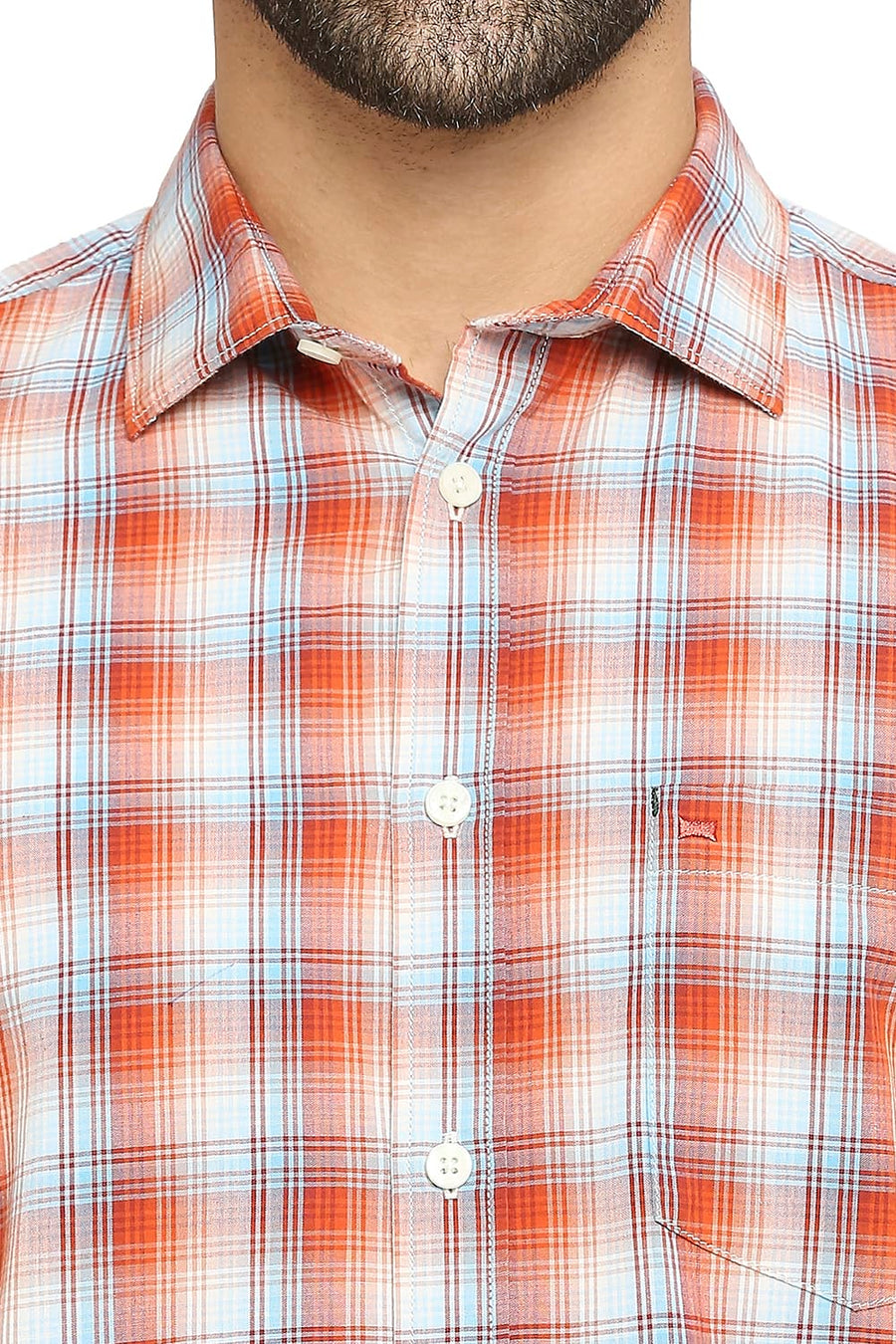 BASICS SLIM FIT PAPRIKA ORANGE COTTON CHECKS SHIRT