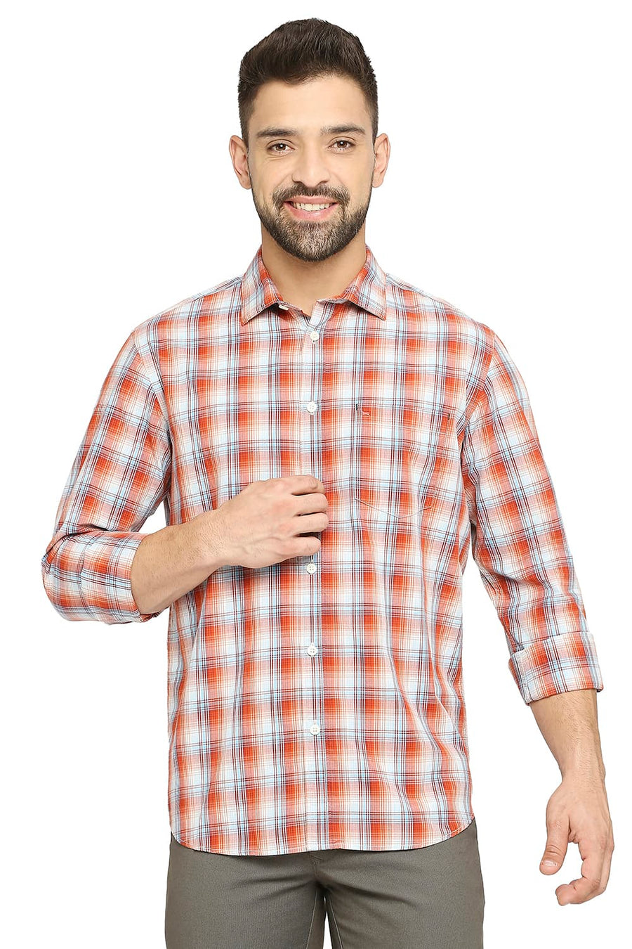 BASICS SLIM FIT PAPRIKA ORANGE COTTON CHECKS SHIRT